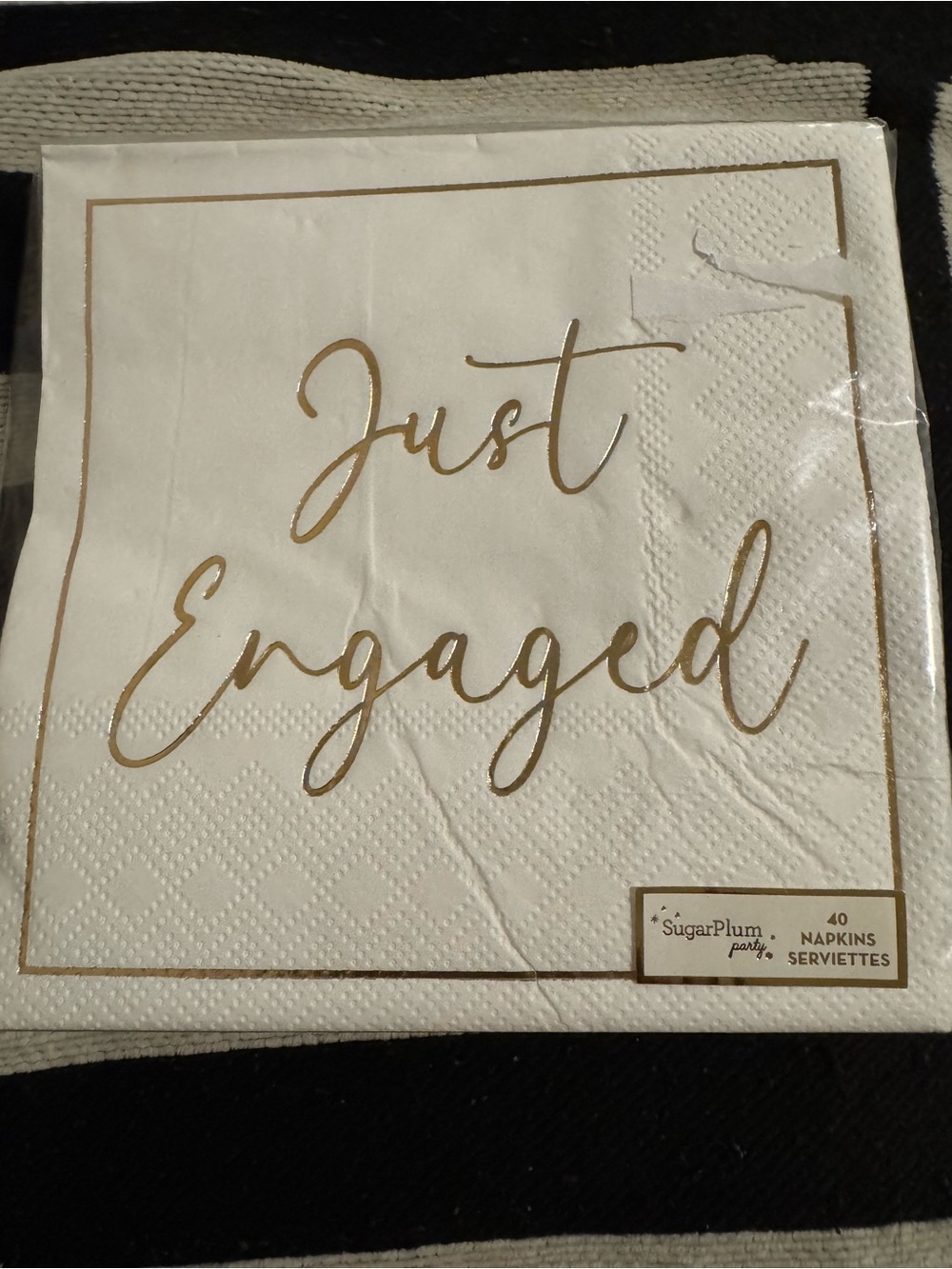 SugarPlum 'Just Engaged' White Napkins with Gold Script